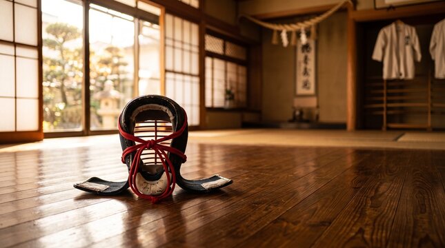 日光が差し込む伝統的な道場の板間に置かれた剣道の面