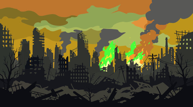 A desolate silhouette of a ruined city skyline with destroyed buildings, debris, green and orange flames and smoke under an ominous sky, representing disaster aftermath and societal collapse