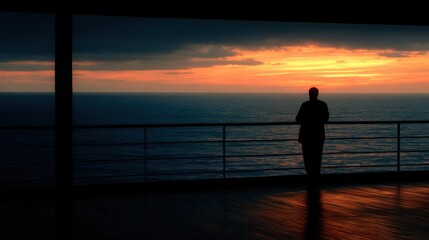 Fototapeta premium Man Gazing Ocean Sunset Silhouette