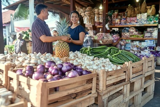 Smiling Shop Vendor Handing A Pineapple And Vegetables To A Customer At A Local Fresh Produce Market