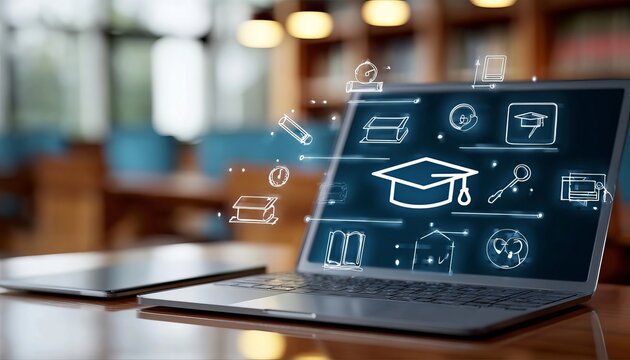 Open Laptop Showing Online Digital Education Icons Including A Graduation Cap And Book Illustration