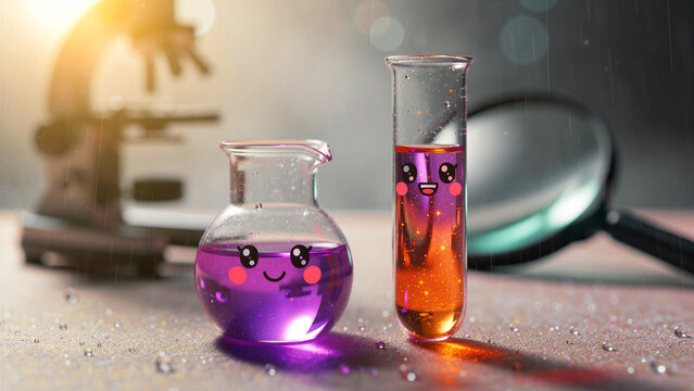 Cute laboratory glassware with cartoon faces on a lab table. Round flask and test tube with sparkling liquid near a microscope. Fun science education concept for kids and playful STEM marketing.