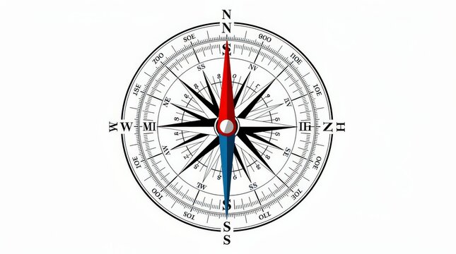 A detailed compass rose showing cardinal and intercardinal directions with north marked in red and south in blue.