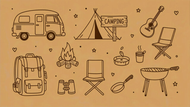 Hand-drawn camping and outdoor adventure icons on a vintage background. Set features a camper van, tent, backpack, and campfire in a doodle style. Ideal for summer camp and travel design projects.
