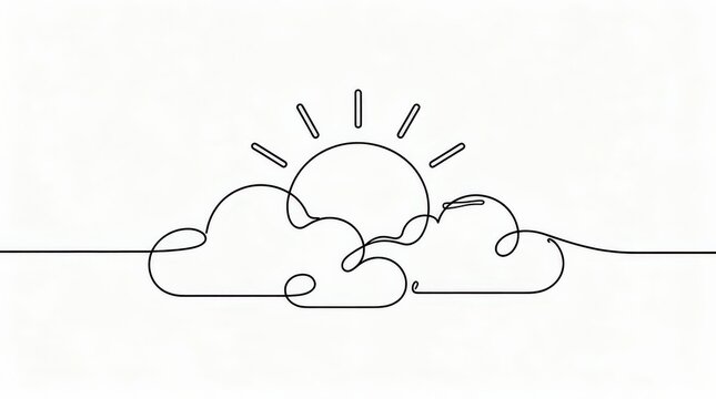 Minimalist one-line drawing of the sun partially hidden behind two clouds, symbolizing a simple sunrise or sunset scene.