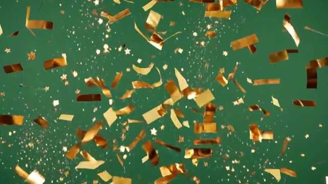 Confetti pieces made of metallic gold foil flutter and drift through the air in a celebration scene set against a solid green background.