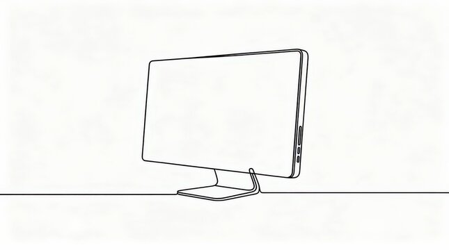 A minimalist line drawing of a modern flat-screen computer monitor on a flat surface, viewed from an angle.