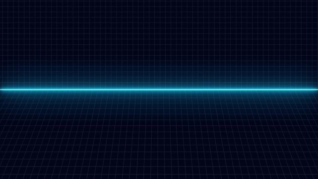 Dark digital grid patterns project a bright cyan horizon line perspective. Retro cyberpunk graphic design projects look brilliant across this infinite grid layout template. Grid meshes flow.