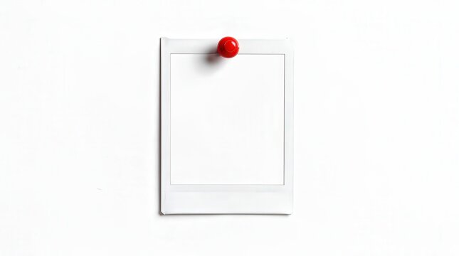 A blank instant photo is pinned to a white surface with a red pushpin, ready for an image to be captured or displayed.