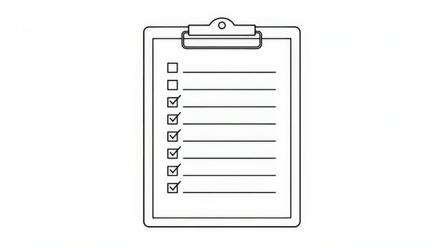 A black and white line drawing of a clipboard with a checklist featuring six checked boxes and two unchecked boxes.