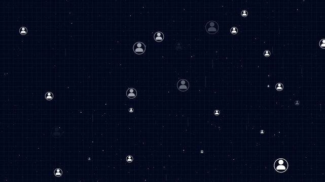 Abstract grid frameworks distribute network user icons beneath starry skies. Global community platform promotional clips gain an elegant cloud background network loop. Network nodes glow.