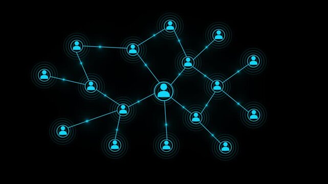 Connected network of user icons highlights community relations with rings. Corporate social platform marketing videos benefit from this modern vector user network map. User chains pulse.