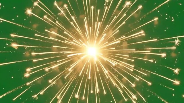 Fireworks explode in a brilliant golden burst of light with long radiating trails that expand outward against a clean green background.
