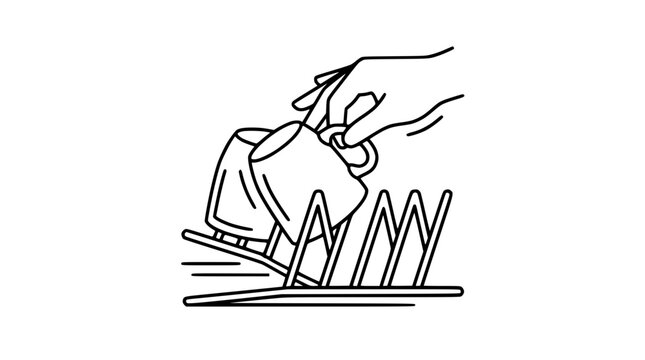 Hand placing a coffee mug on a drying rack line art illustration