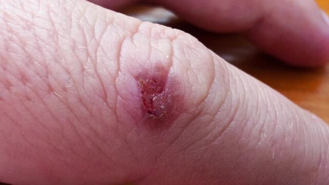 Close-up view of human finger knuckle displaying visible healing wound or scab formation, presenting minor skin injury and recovery process on hand of person.