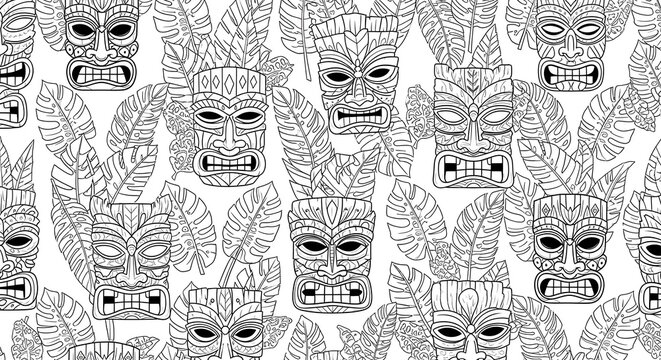 Hand drawn tribal pattern featuring wooden carvings and tropical leaves
