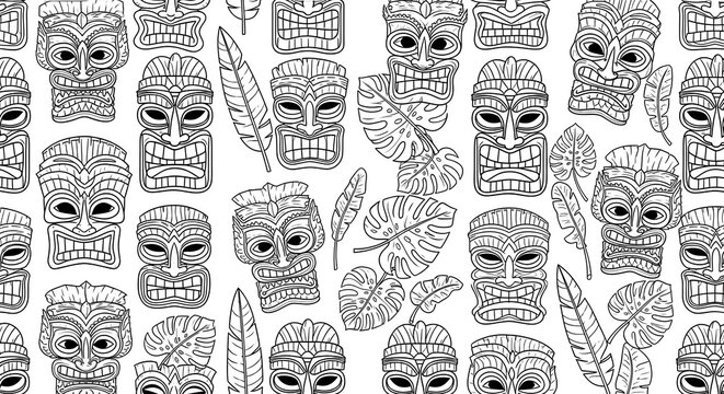 Hand drawn seamless pattern with tribal tiki faces and tropical leaves
