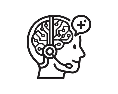 Brain icon featuring integrated circuit patterns and a communication headset represents artificial intelligence and mental health support services.