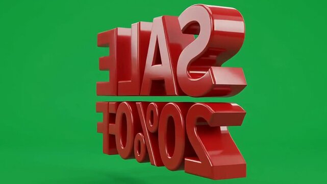 Sale typography featuring bold red three-dimensional letters floats against a solid green background to clearly highlight a promotional discount offer for retail marketing and seasonal event.