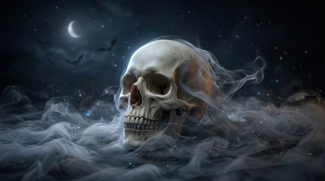 Halloween skull with smoke and moon background, halloween