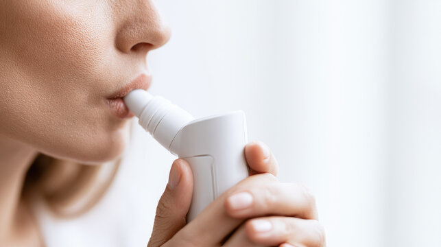 Lung function test close up hand spirometer mouthpiece lips woman medical breathing health