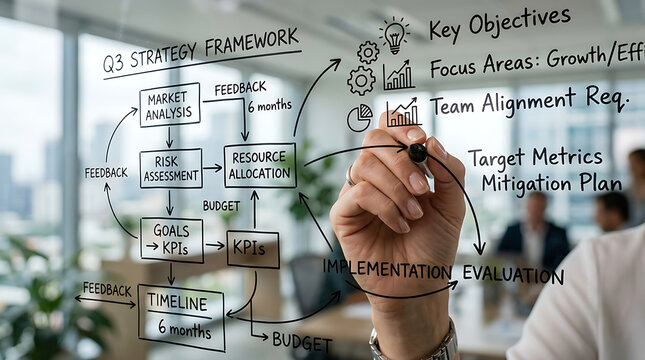 Business strategy framework being drawn on a glass board with a marker by a person in a meeting.