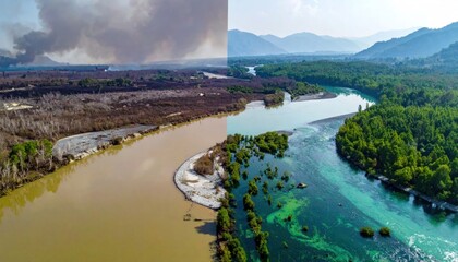 Obraz premium River pollution contrast landscape aerial view.