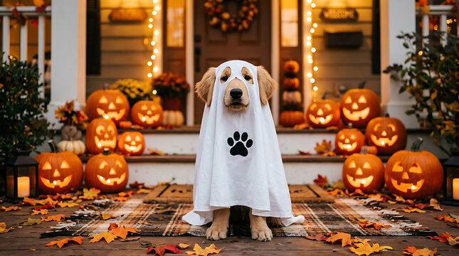 Golden retriever dog dressed as a ghost for halloween