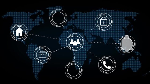 Global network connection systems link human profile nodes across a map. Social interaction analytics dashboards look clean inside this layout network graphic dashboard. Network circles pulse.
