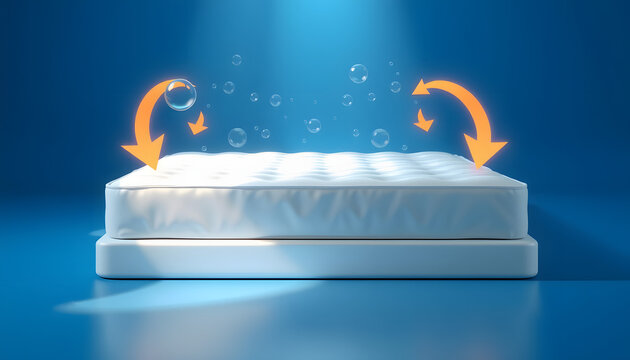 sheet material mattress with ventilate shows, bubbles, arrows isolated on blue background. bubble remove stain. fabric fiber, soft, breathable material concept. 3d render illustration, dramatic atmo