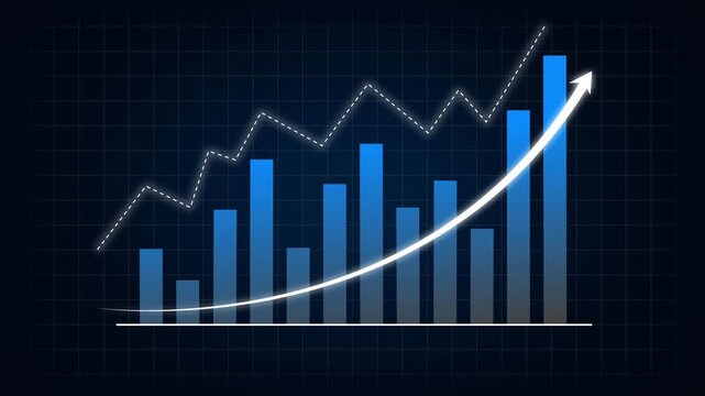 Upward trending bar charts trace financial performance metrics using graphs. Corporate bookkeeping tutorial videos gain an excellent presentation bar charts graphics overlay. Charts grow high.