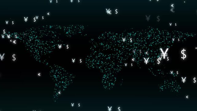 World map systems float international currency symbols over dark backdrops. Forex exchange data summaries look clean and professional using this map tracking module. Map capital icons glide.