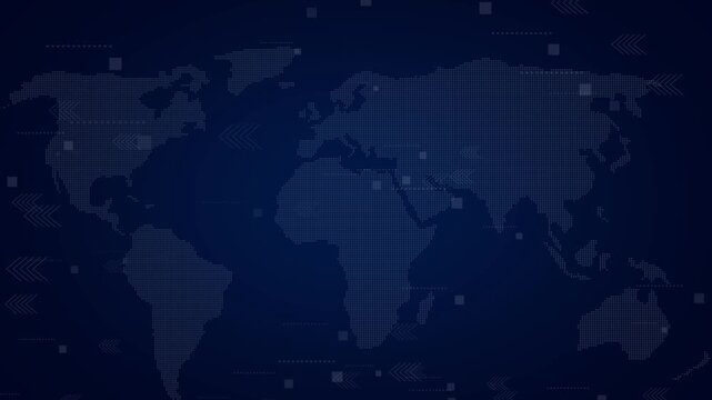 World map displays track global logistics parameters using digital vectors. International distribution terminal updates look highly organized over this logistics mesh. Logistics paths expand.