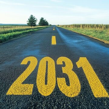 An Empty Asphalt Road Extending Into The Horizon With The Yellow Number 2031 Printed On The Ground.