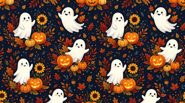 Seamless pattern with cute ghosts and halloween pumpkins
