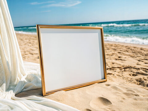 Horizontal 8x10 gold metal frame mockup featuring a blank white paper sign template on a sandy beach with ocean background.