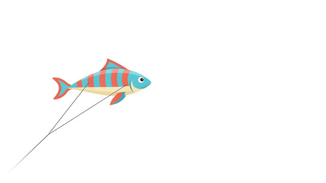 Colorful fish kite flying in the sky, whimsical striped windsock toy for outdoor recreation, blue and orange aquatic themed kite on white background