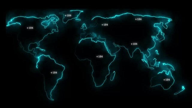 Glowing neon world map displays organize country codes across a display screen. High-tech network operations command portals look incredible over this world map network interface. Code nodes shine.