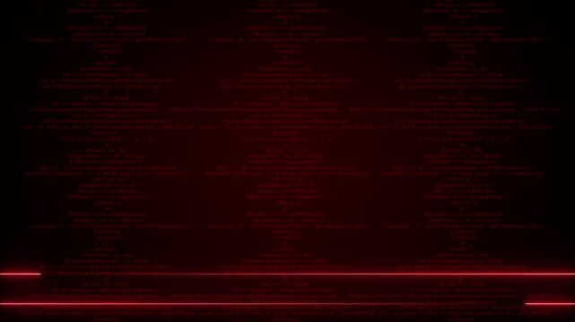 Computer code text programming animation scrolls across dark red patterns. Code text digital interface details display hacker language lines. Programming animation theme looks highly technical.