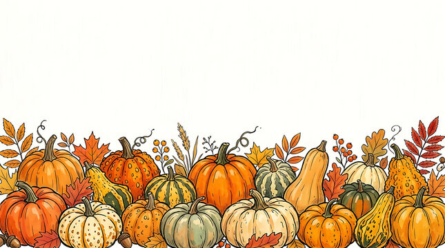 Watercolor autumn pumpkins and fall foliage border