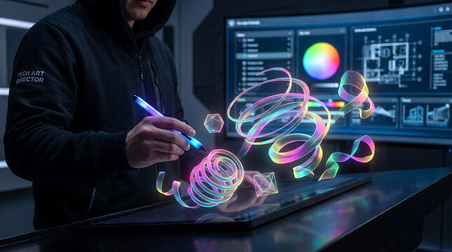 Futuristic digital artist creating 3D holographic light sculptures, creative designer using stylus on interactive tablet, neon glowing virtual reality art