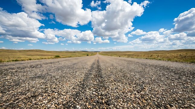 A lowangle view of a long, straight gravel road stretching through a vast, rolling prairie landscape under a bright blue sky with fluffy white clouds