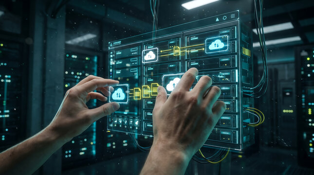 Cloud computing data center with futuristic holographic interface, IT engineer managing digital server network, high tech storage infrastructure