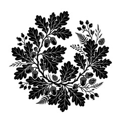 Thanksgiving and Autumn Harvest, Vintage oak leaf wreath vector, black and white botanical acorn frame, rustic forest foliage circle for wedding invitation and logo design isolated on White Background © MITURANI