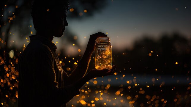 Man holding glowing fireflies in jar