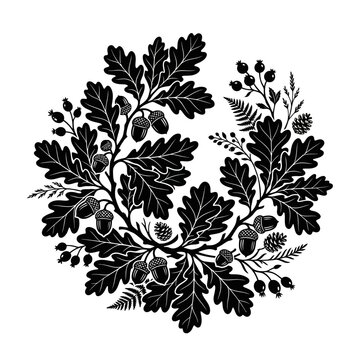 Thanksgiving and Autumn Harvest, Vintage oak leaf wreath vector, black and white botanical acorn frame, rustic forest foliage circle for wedding invitation and logo design isolated on White Background