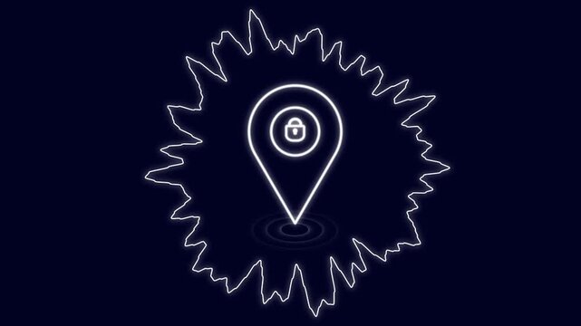 Marker navigation map pin animation glows with a secure padlock icon. Navigation map location pin element includes sound wave radar tracking fields. Pin animation layout is ideal for apps.