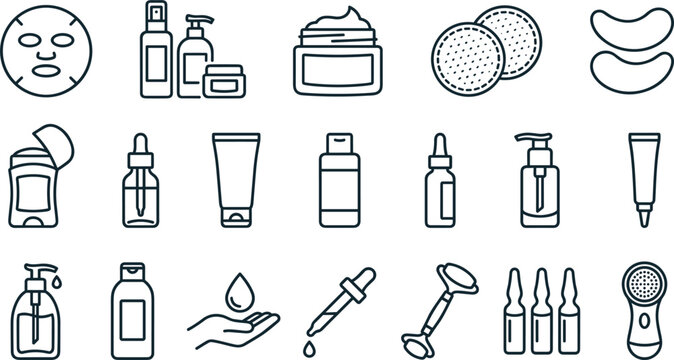 Skin Care and Cosmetic Products Vector Line Icon Set Featuring Face Masks Serum Droppers Lotion Bottles Cleansing Pads Eye Patches and Facial Massagers