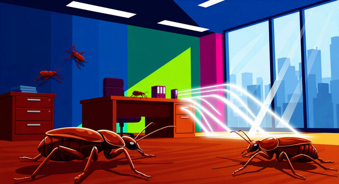 Giant cockroaches crawling across a modern colorful office workspace. Digital illustration showing pests on walls and desks with glowing light streaks. Pest control and software bug concept.