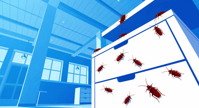 Cockroaches crawling on cabinets in a blue room. Pest infestation inside an office environment. Sanitation and pest control concept for extermination service marketing and hygiene awareness.